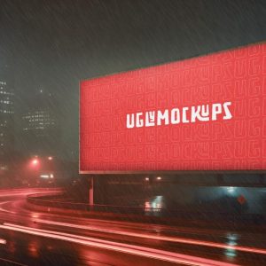 Billboard in Night Rain Mockup