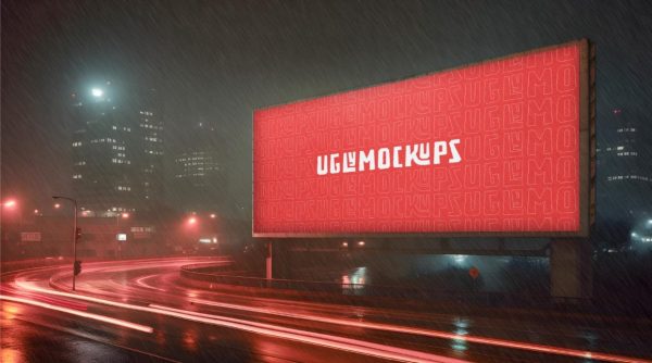 Billboard in Night Rain Mockup